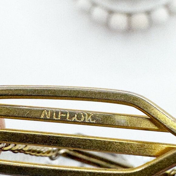 Montana Moss Agate Chain Tie Clip Tie Keeper Nu-Lok Vintage MCM Gold Tone - Picture 6 of 8